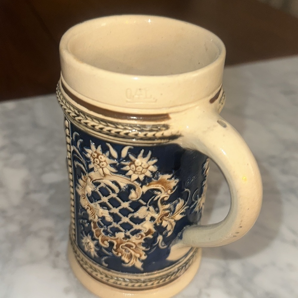 Vintage Ceramic Beer Stein with Blue and Cream Design - Picture 4 of 9